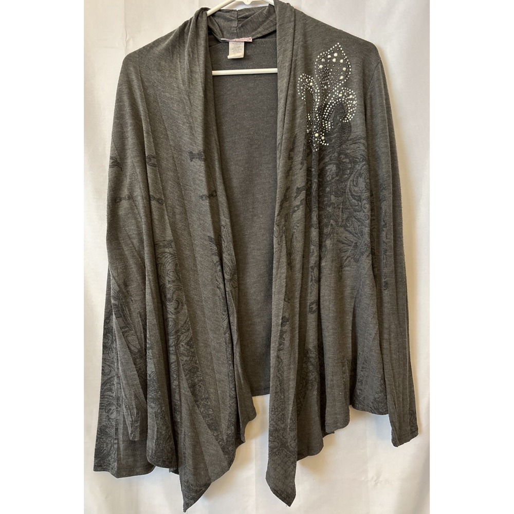 Women's Open Waterfall Front Gray Long Sleeve Cardigan Rhinestone Embellished XL